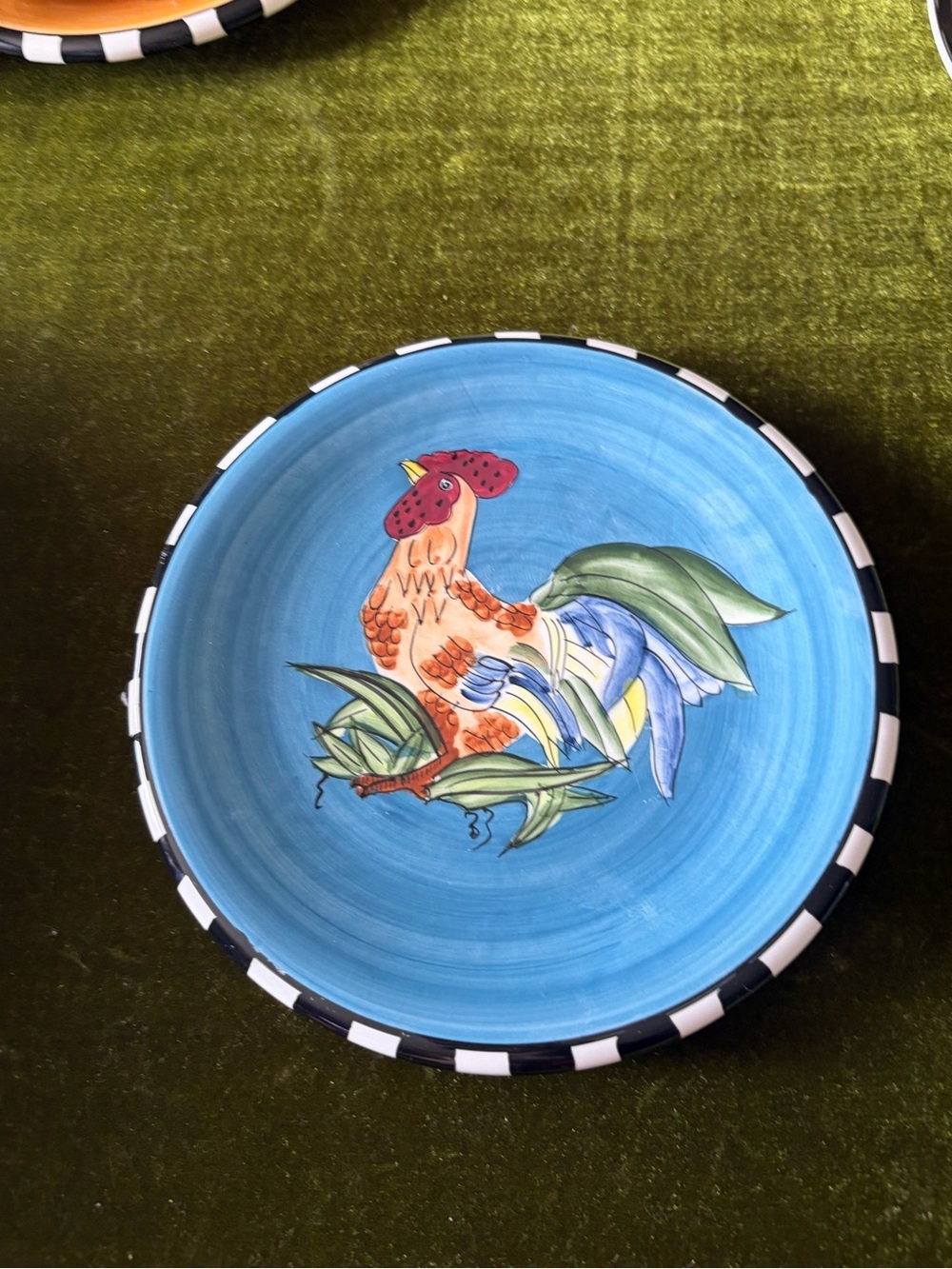 Hand-Painted Rooster Ceramic Bowl - Turquoise Background